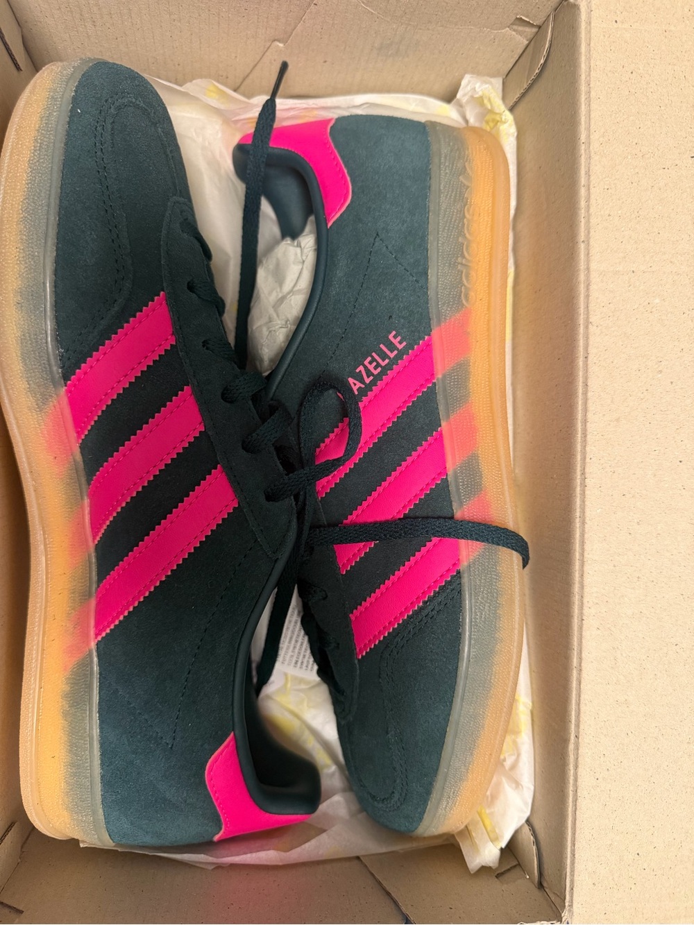adidas Gazelle Indoor Sneakers in dk green with Hot Pink Accents